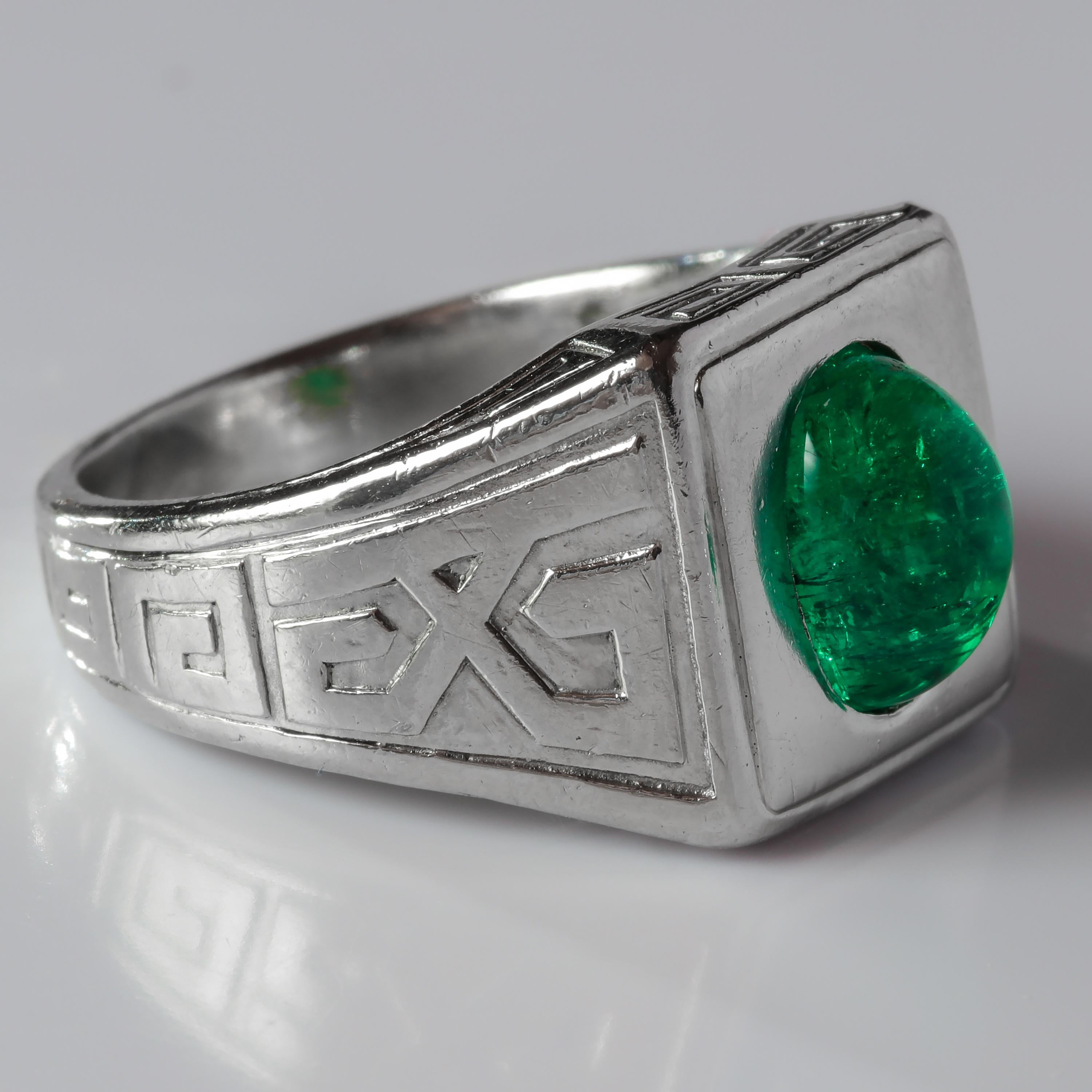 Egyptian Revival Emerald Ring in Platinum by Tiffany & Co. Archaeological Revival, circa 1920s