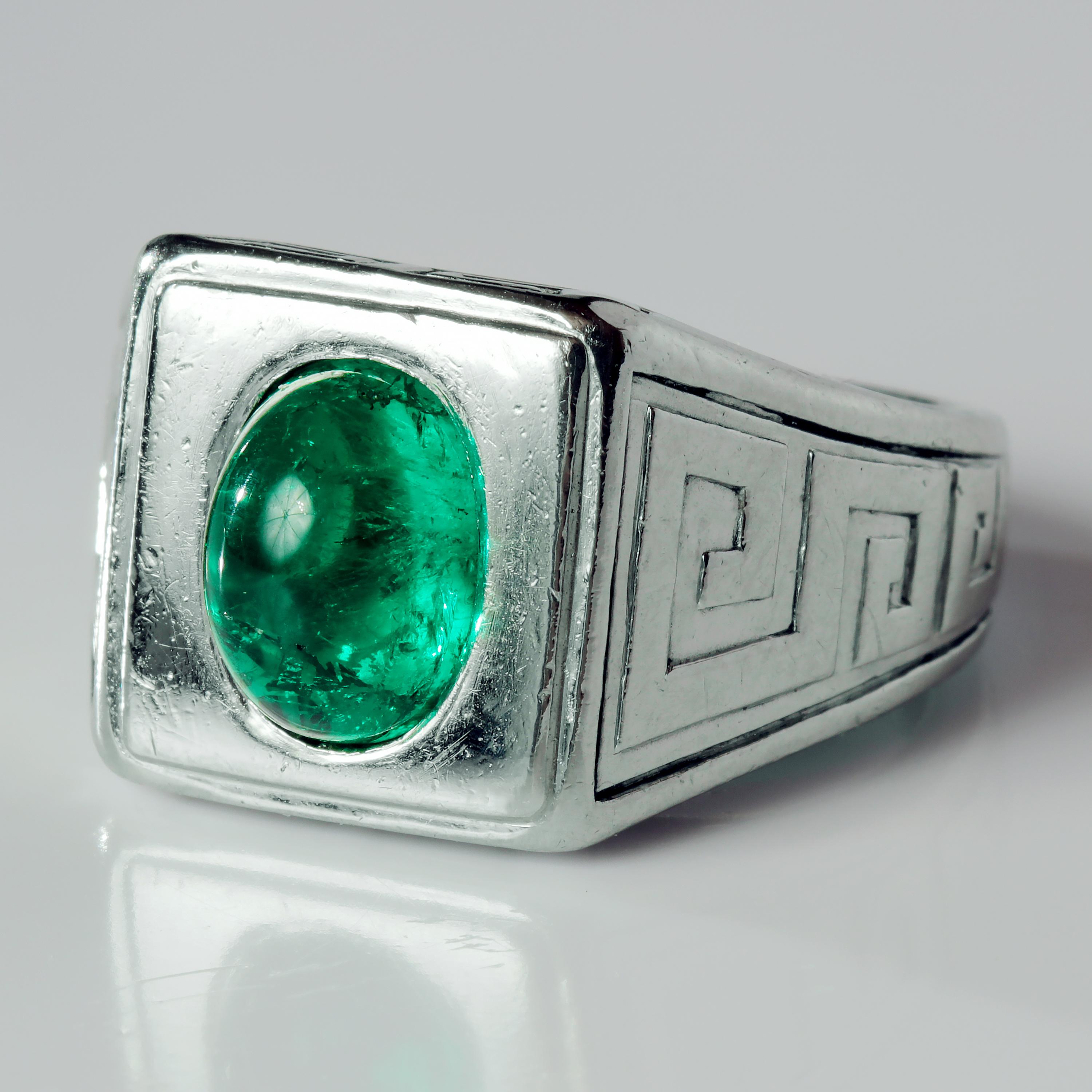 Cabochon Emerald Ring in Platinum by Tiffany & Co. Archaeological Revival, circa 1920s