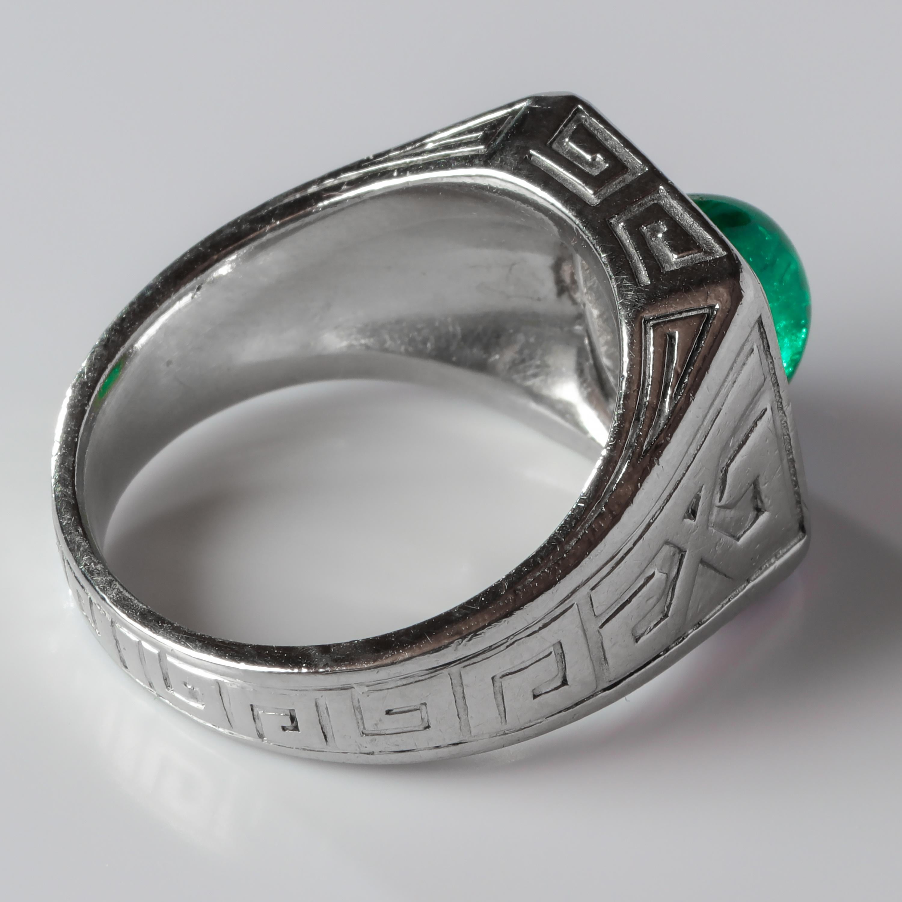 Emerald Ring in Platinum by Tiffany & Co. Archaeological Revival, circa 1920s In Excellent Condition In Southbury, CT