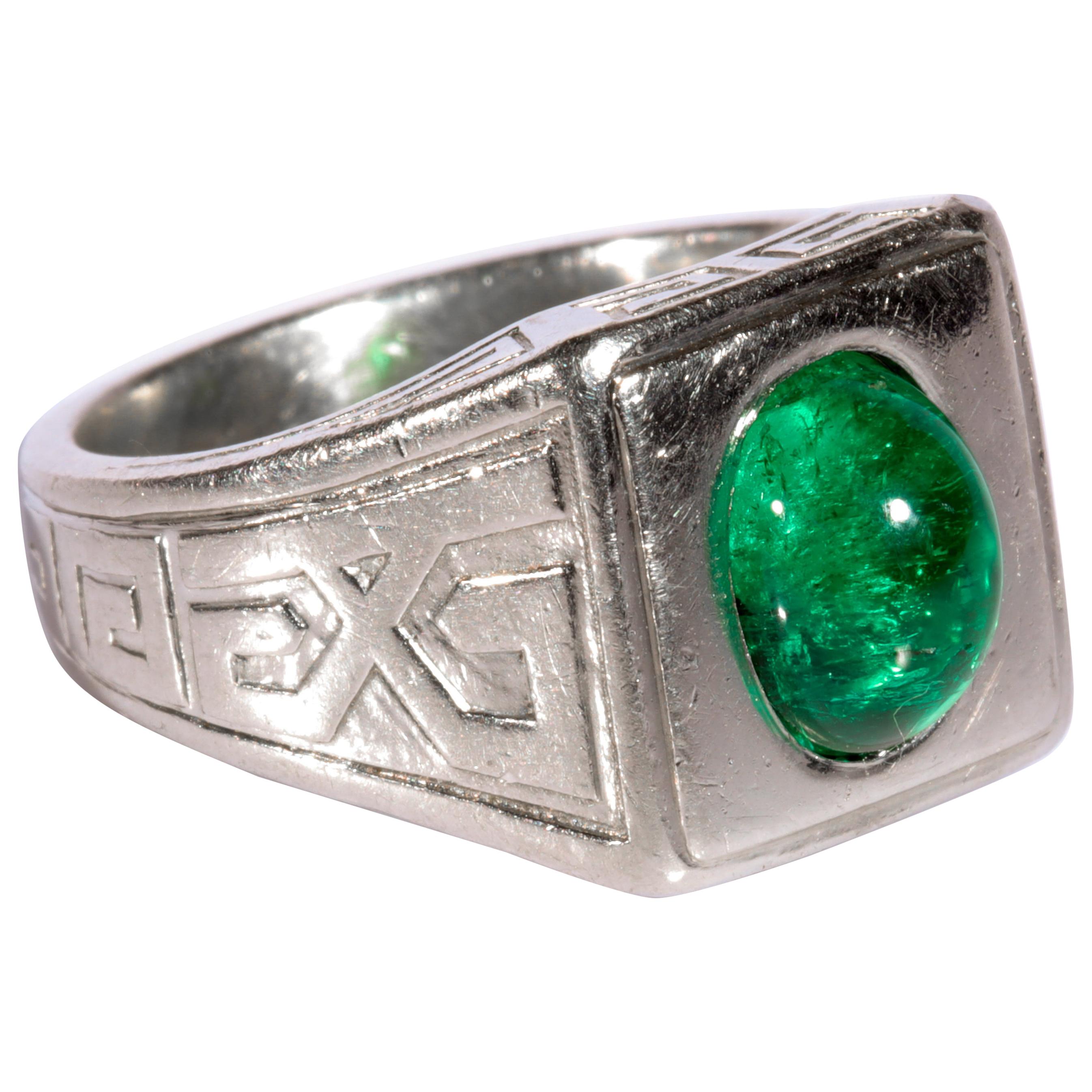 Emerald Ring in Platinum by Tiffany & Co. Archaeological Revival, circa 1920s