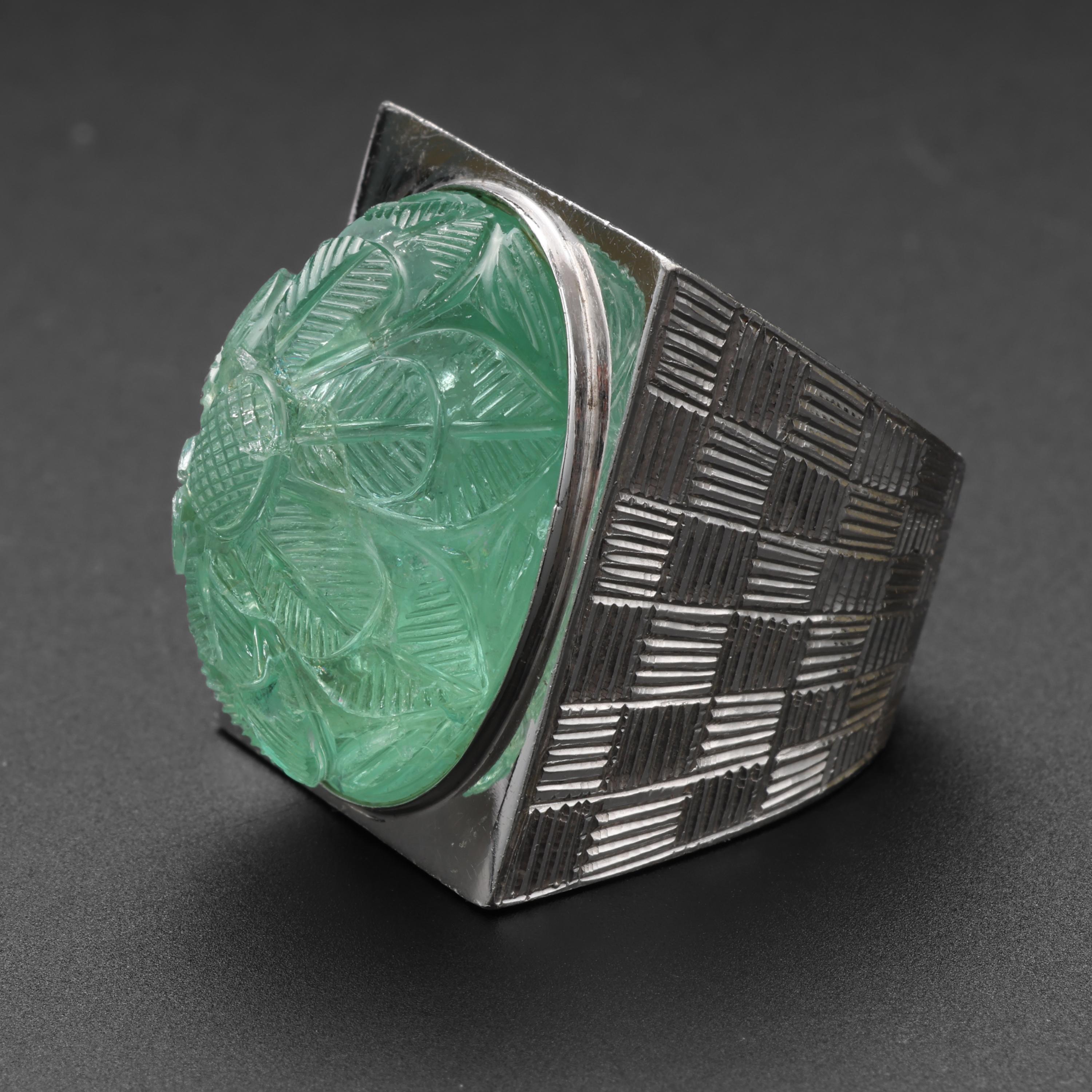 Modernist Emerald Ring in Platinum Featuring GIA Certified 42 Carat Carved Russian Emerald For Sale