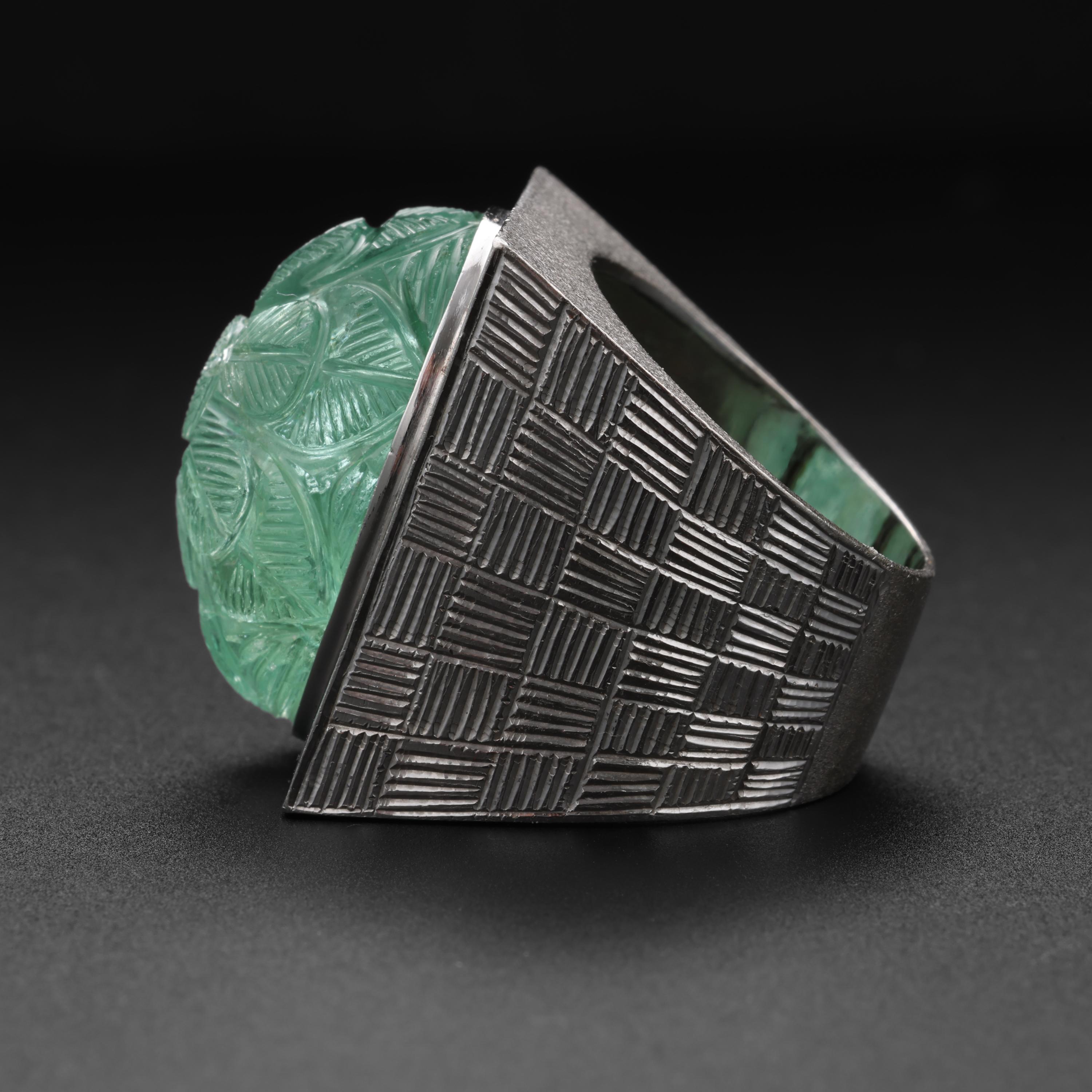 Emerald Ring in Platinum Featuring GIA Certified 42 Carat Carved Russian Emerald In Excellent Condition For Sale In Southbury, CT