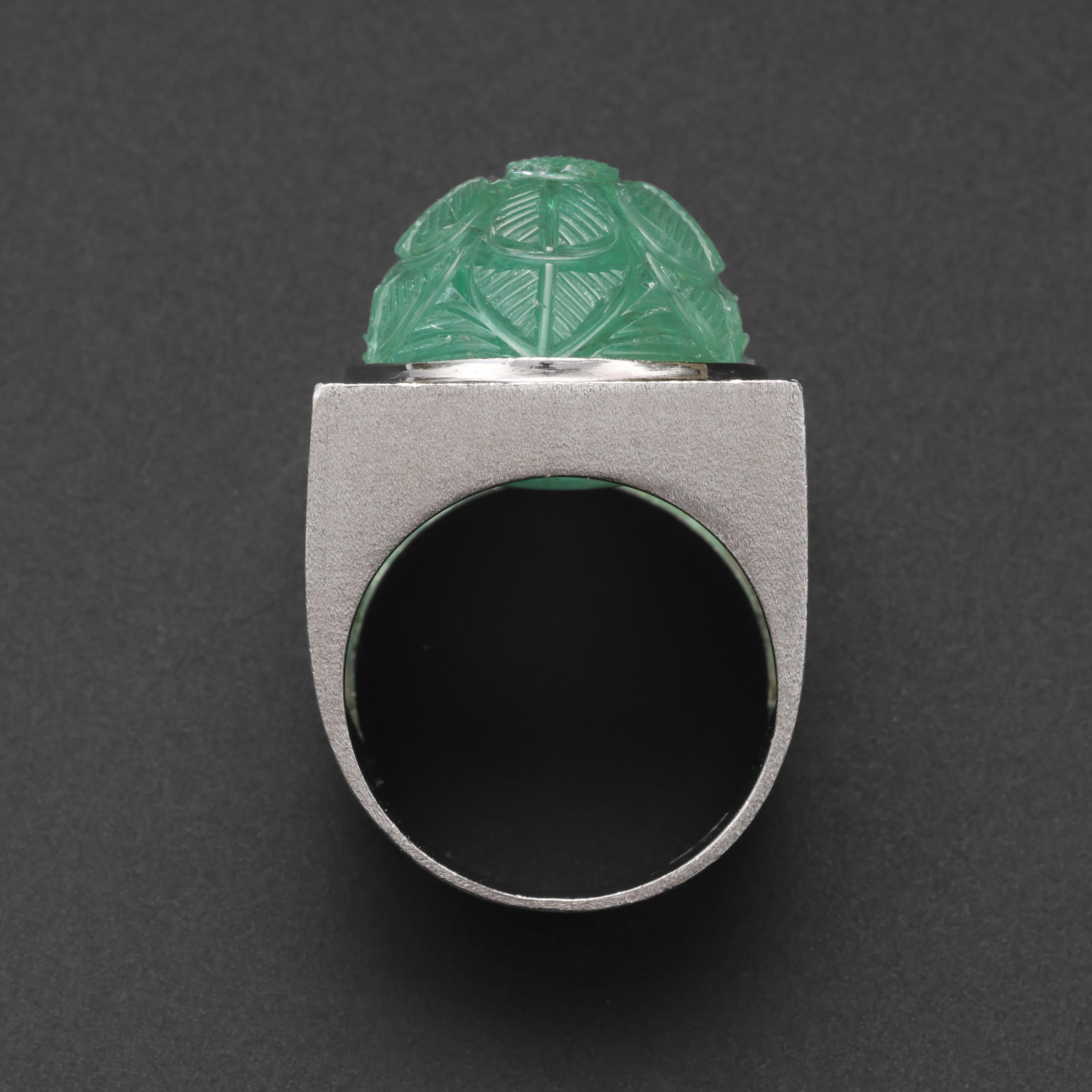 Women's or Men's Emerald Ring in Platinum Featuring GIA Certified 42 Carat Carved Russian Emerald For Sale