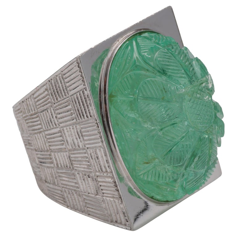 Emerald Ring in Platinum Featuring GIA Certified 42 Carat Carved