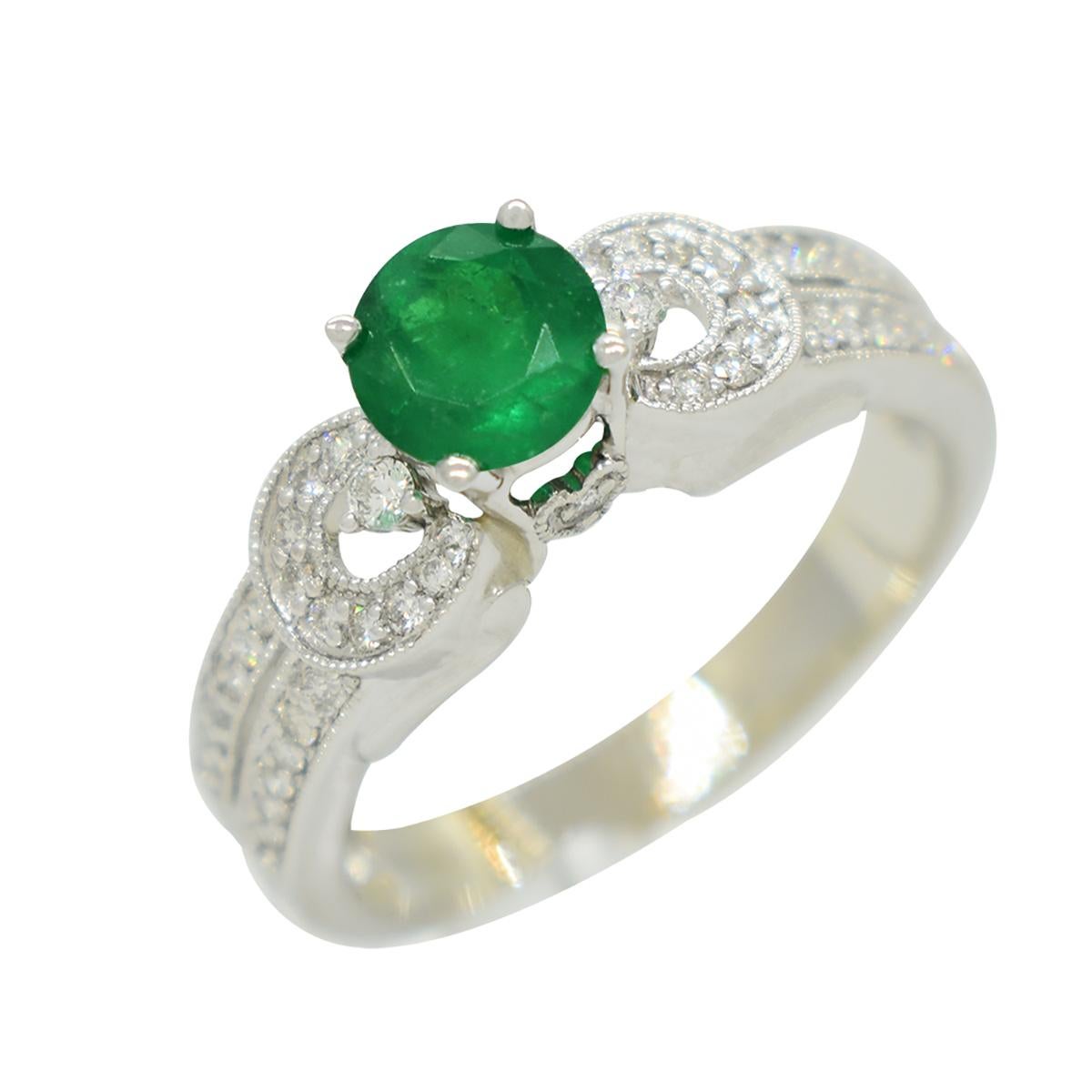 Round Cut 0.67 Carats Natural Colombian Emerald and Diamonds Fashion Ring in White Gold For Sale