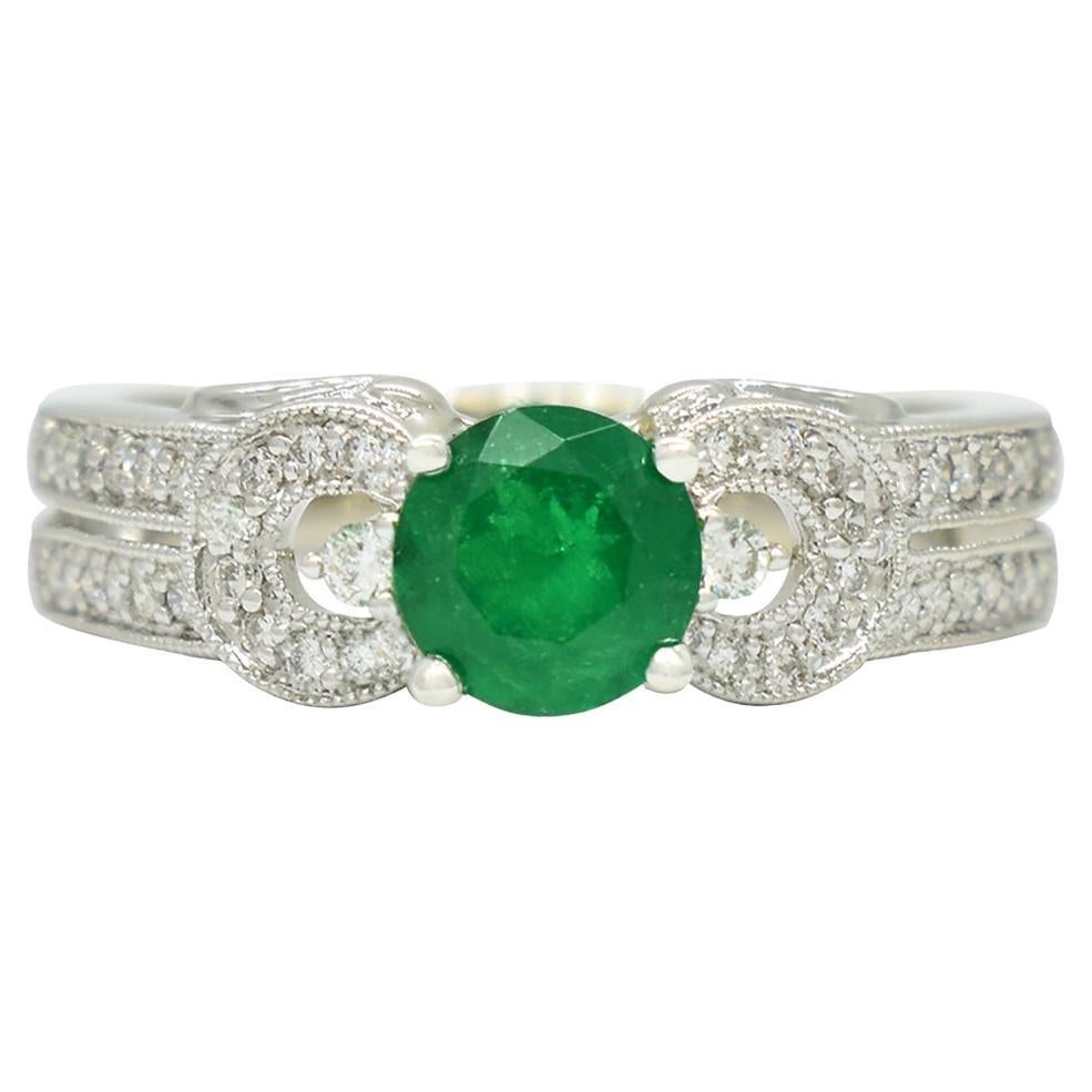 0.67 Carats Natural Colombian Emerald and Diamonds Fashion Ring in White Gold