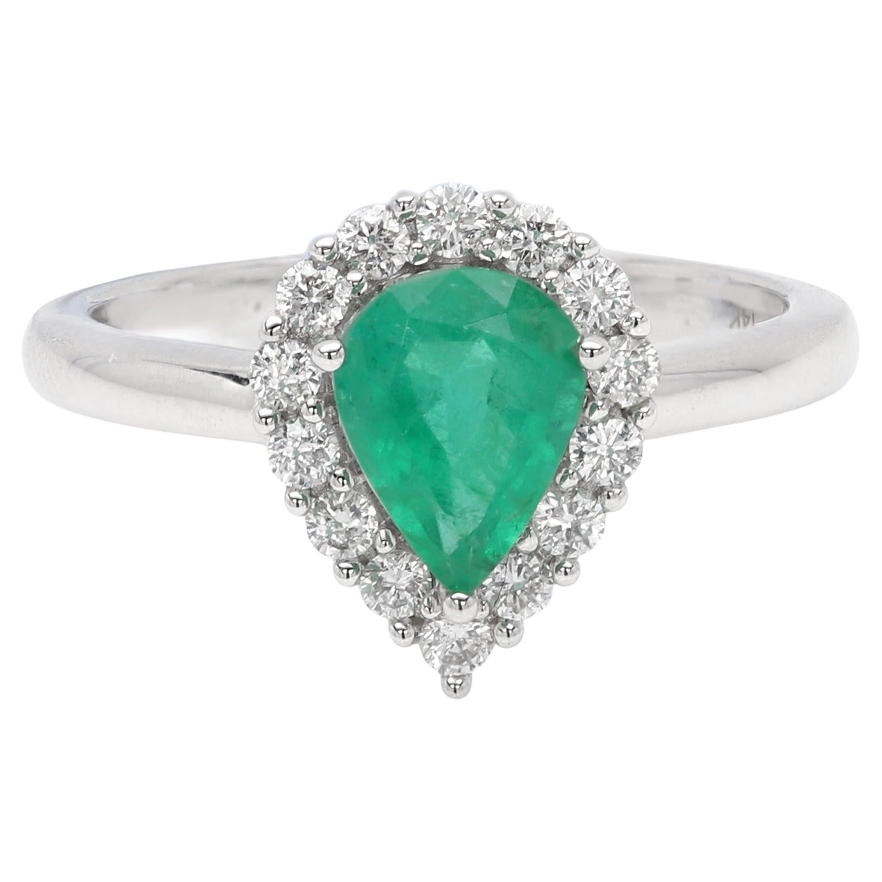 Smaragd Ring Natürliche Diamanten 14 Karat Weißgold Birnenform 8x6