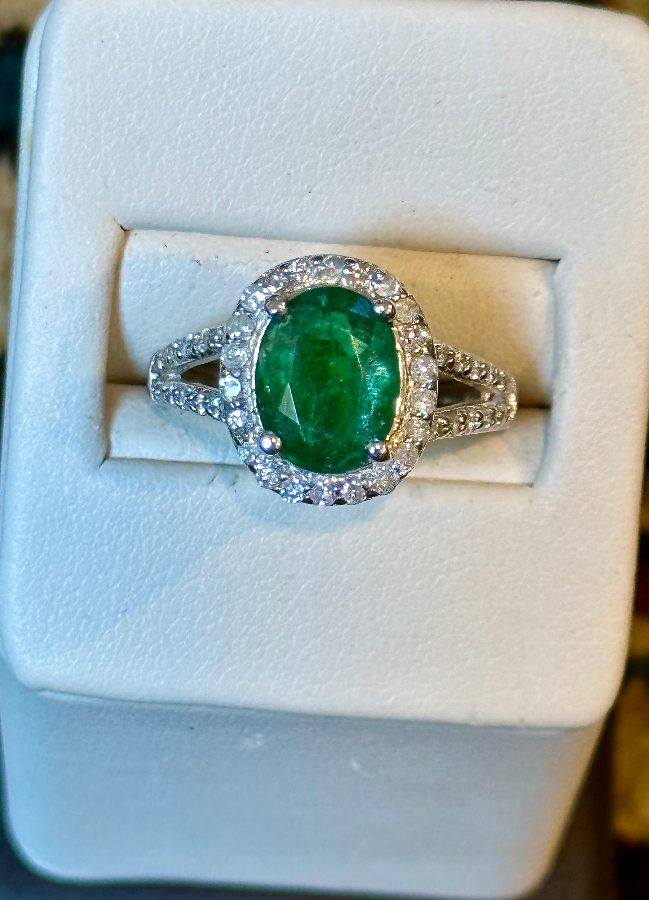 For Sale:  3.5 Carat Oval Natural Zambian Emerald & 1.8 ct Diamond Ring 14 Karat White Gold 5