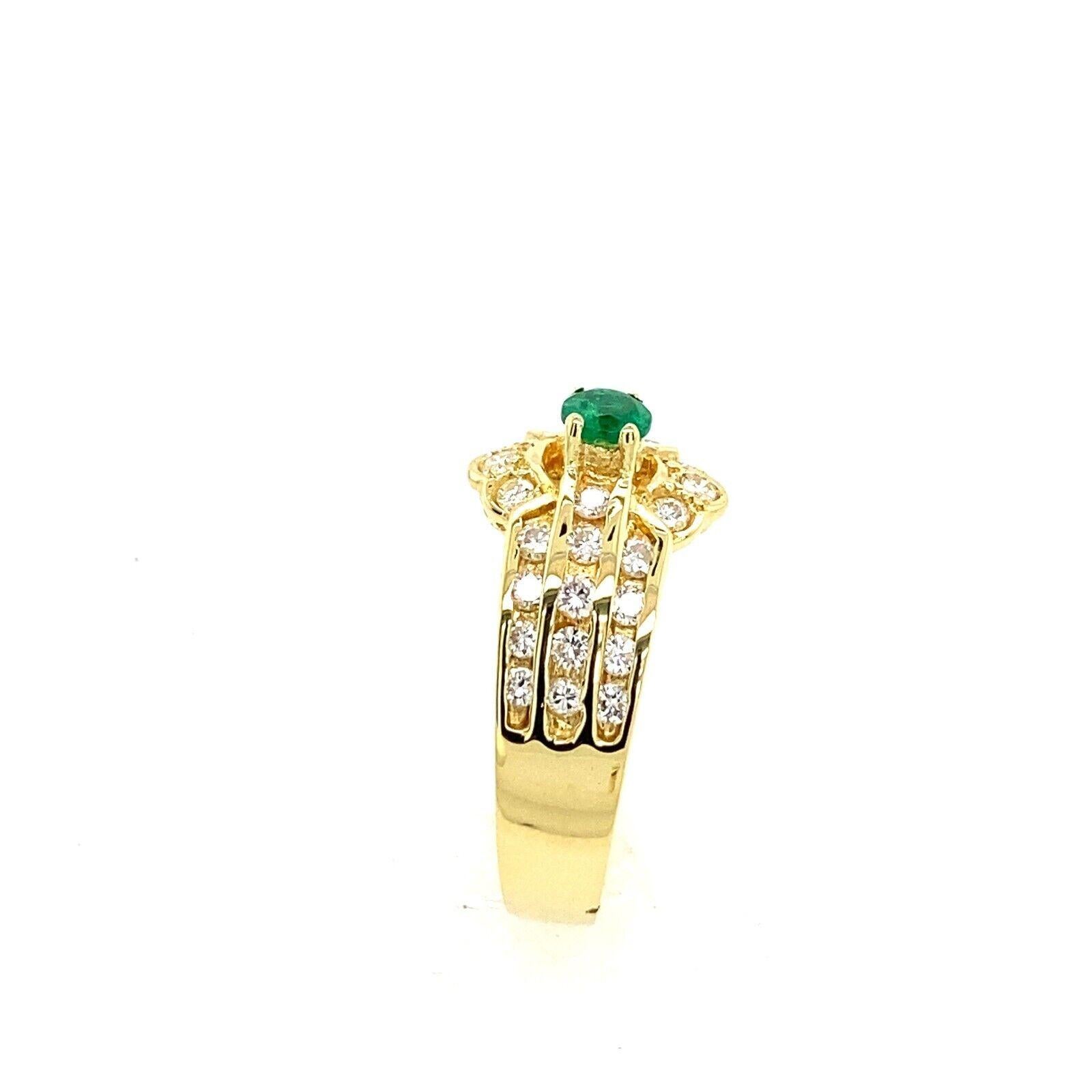 This gorgeous 18ct Yellow Gold Emerald ring is set with 0.40ct natural Round Diamonds.
The Emerald is a rich green, the Diamonds complement the Emerald, and together they symbolize the eternal love. (Tested as 18ct Gold)

Additional