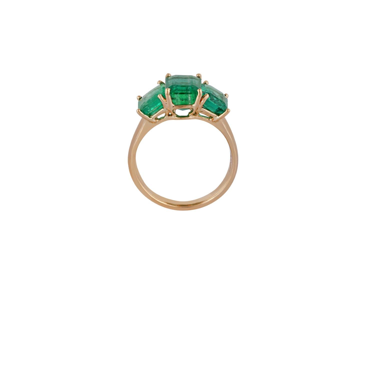 This is an elegant & classic style of emerald ring studded in 18k yellow gold, this ring contains 3 pieces of octagonal shaped emeralds weight 5.16 carats, ring contains the total gold weight is 4.42 grams, ring size can be done as per the