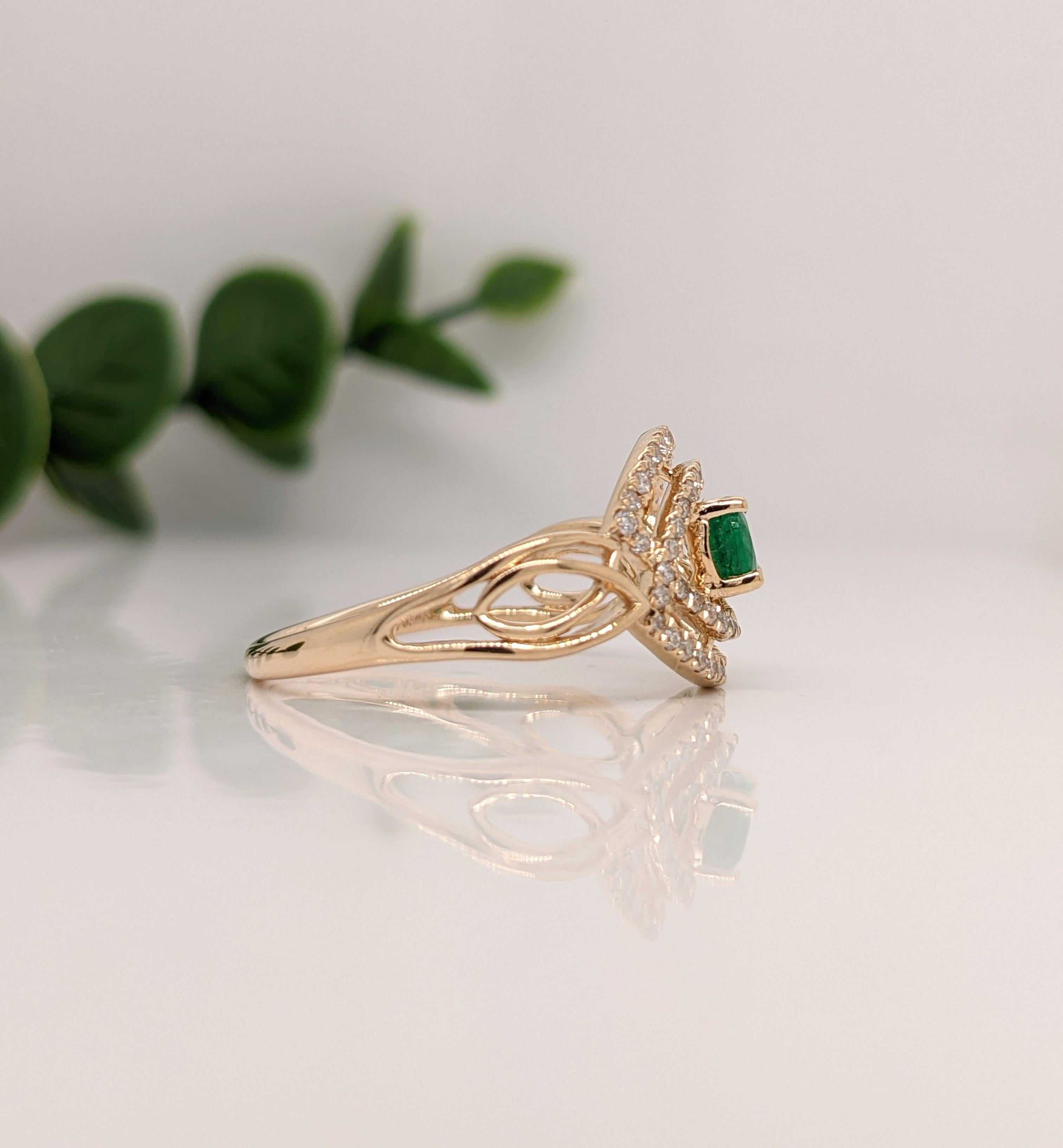Art Deco Emerald Ring w Celtic Shank and Diamonds in Solid 14k Yellow Gold Oval 6x4mm