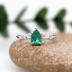 Emerald Ring w Natural Diamond Accents in 14K White Gold Pear Shape 7x5mm