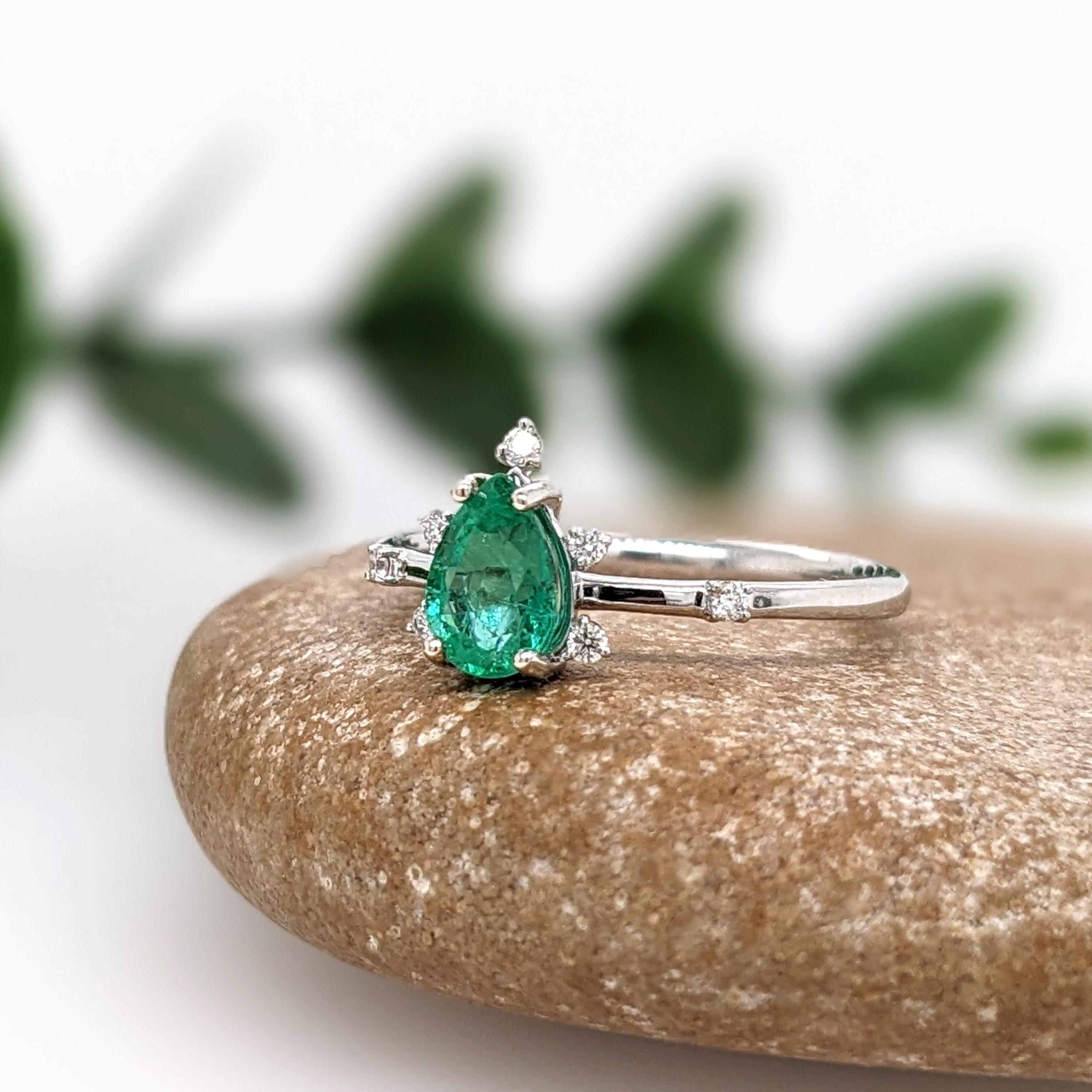 Modern Emerald Ring w Natural Diamond Accents in 14K White Gold Pear Shape 7x5mm