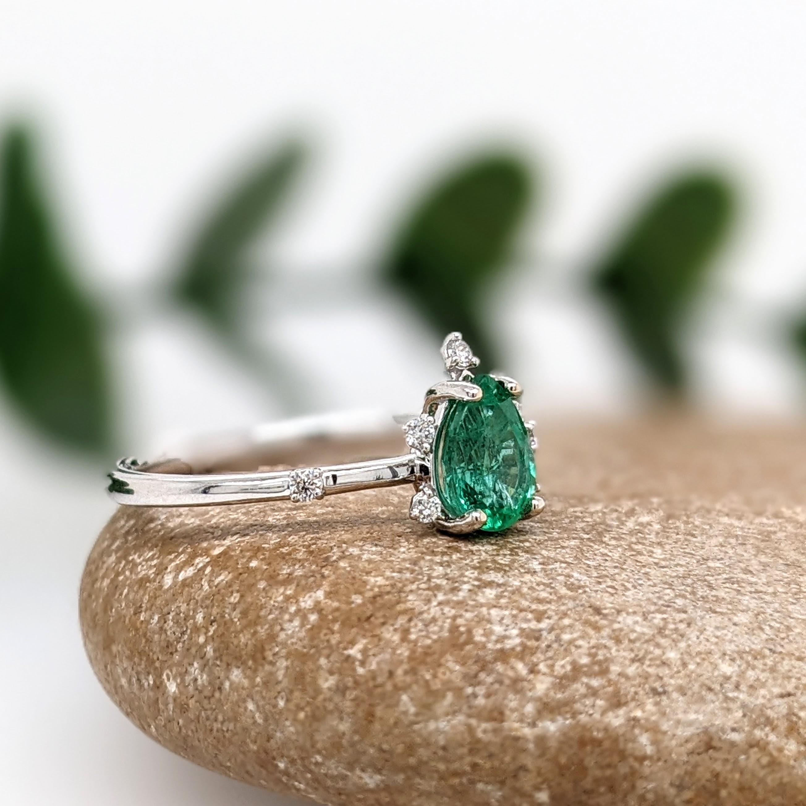 Pear Cut Emerald Ring w Natural Diamond Accents in 14K White Gold Pear Shape 7x5mm