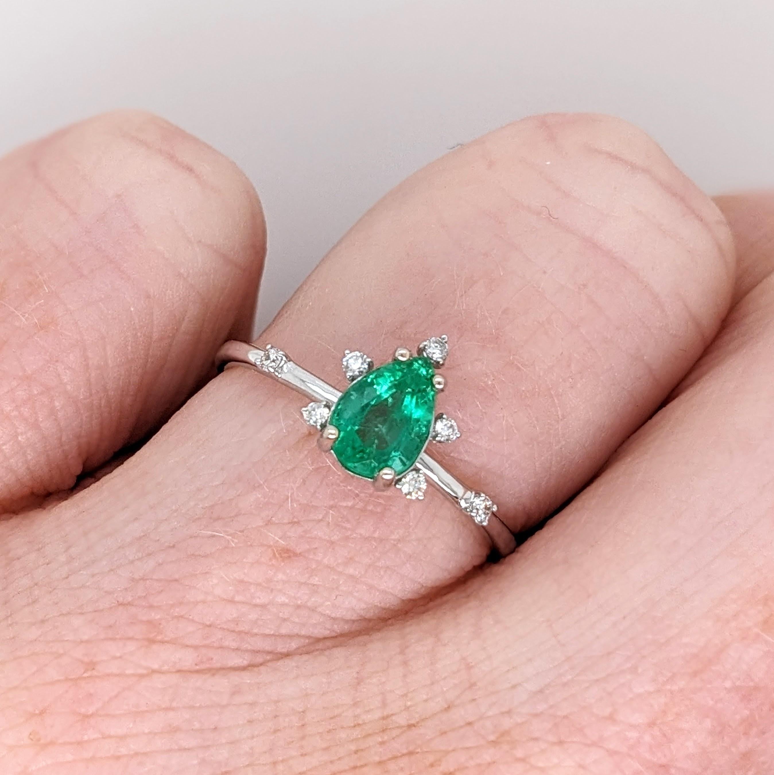 Emerald Ring w Natural Diamond Accents in 14K White Gold Pear Shape 7x5mm 1
