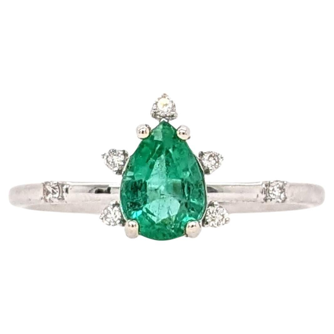 Emerald Ring w Natural Diamond Accents in 14K White Gold Pear Shape 7x5mm