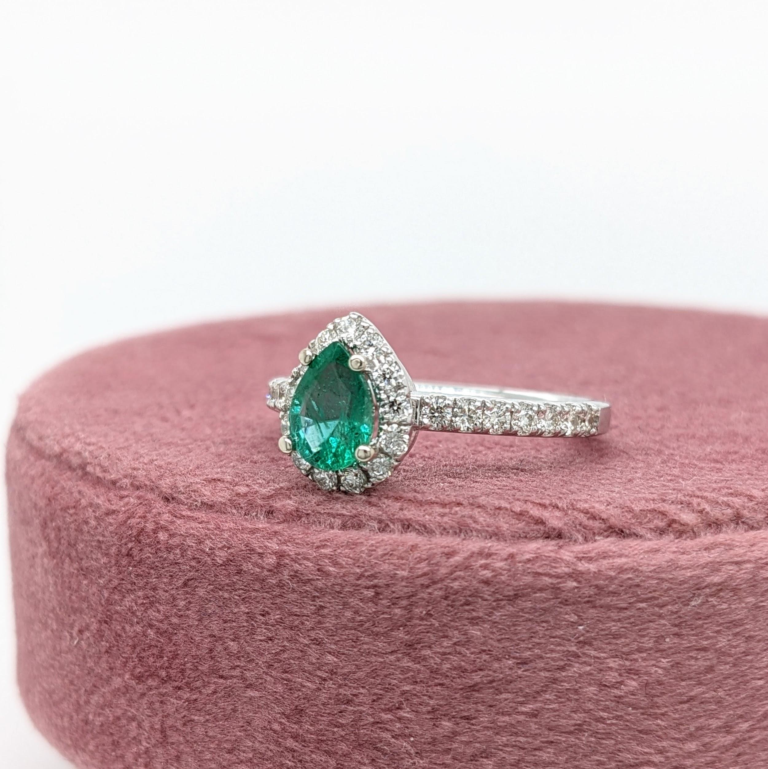 Modernist Emerald Ring w Natural Diamond Halo in 14K Solid White Gold Pear Cut 7x5mm For Sale