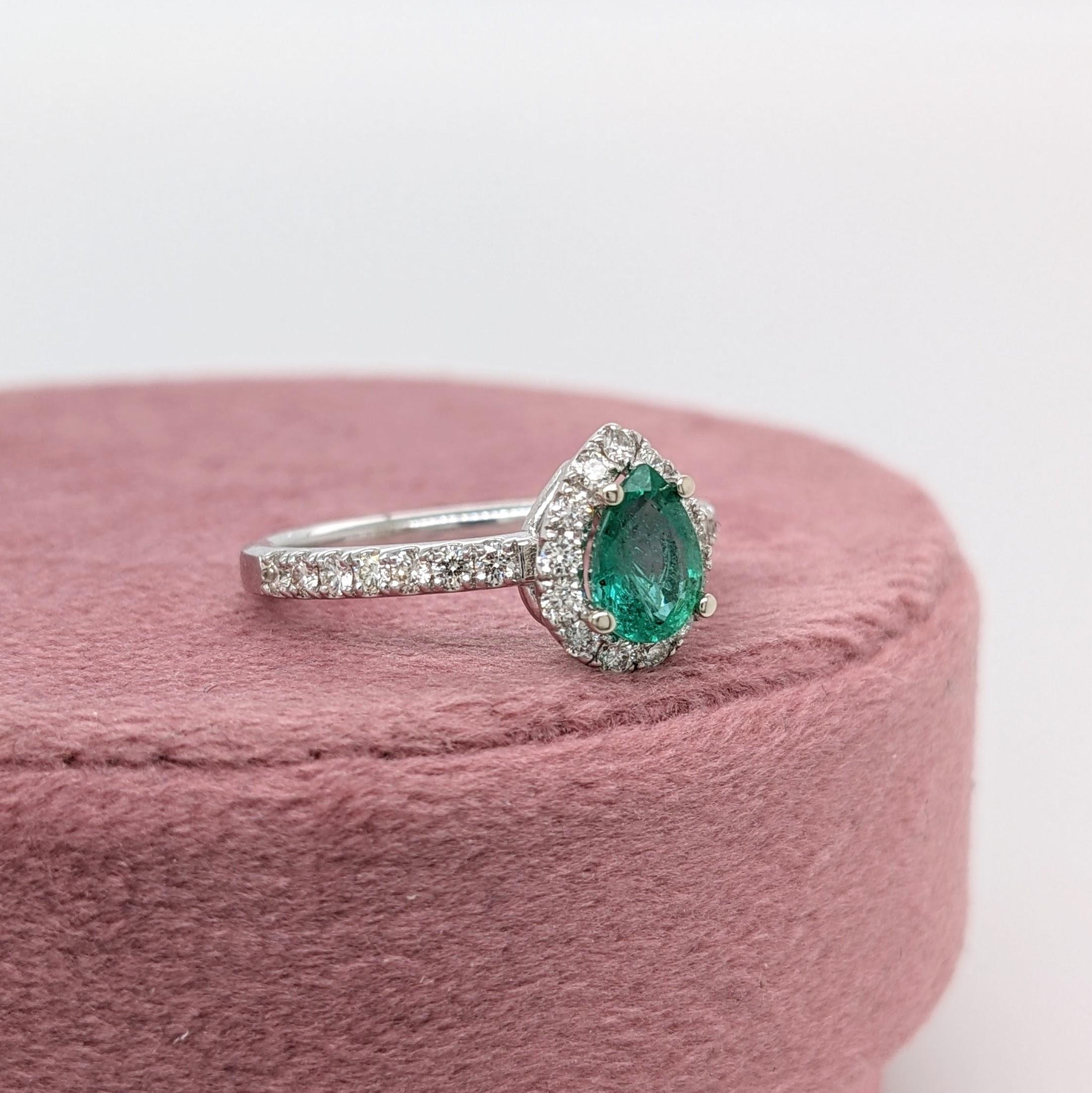 Emerald Ring w Natural Diamond Halo in 14K Solid White Gold Pear Cut 7x5mm In New Condition For Sale In Columbus, OH