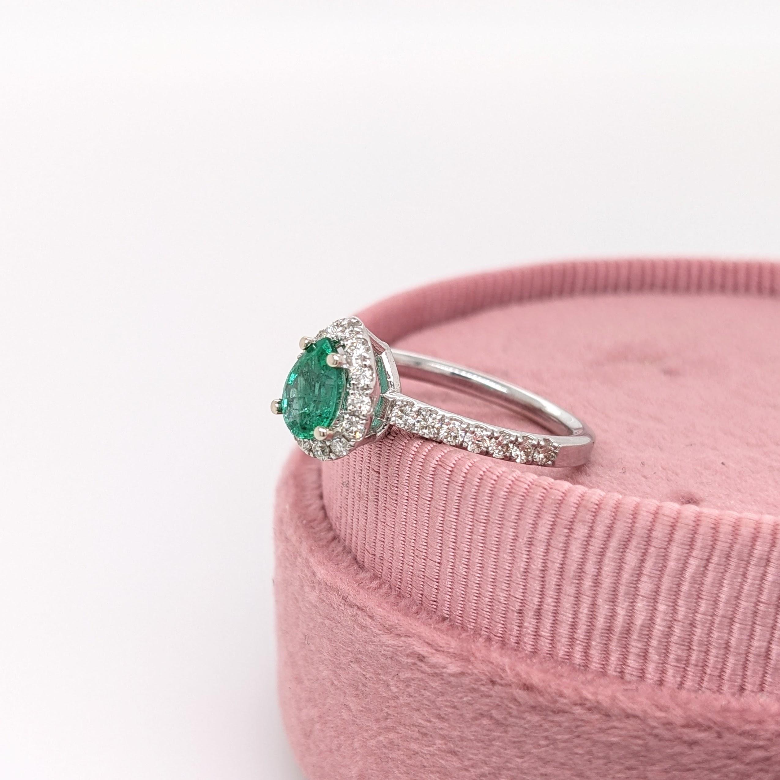 Women's Emerald Ring w Natural Diamond Halo in 14K Solid White Gold Pear Cut 7x5mm For Sale