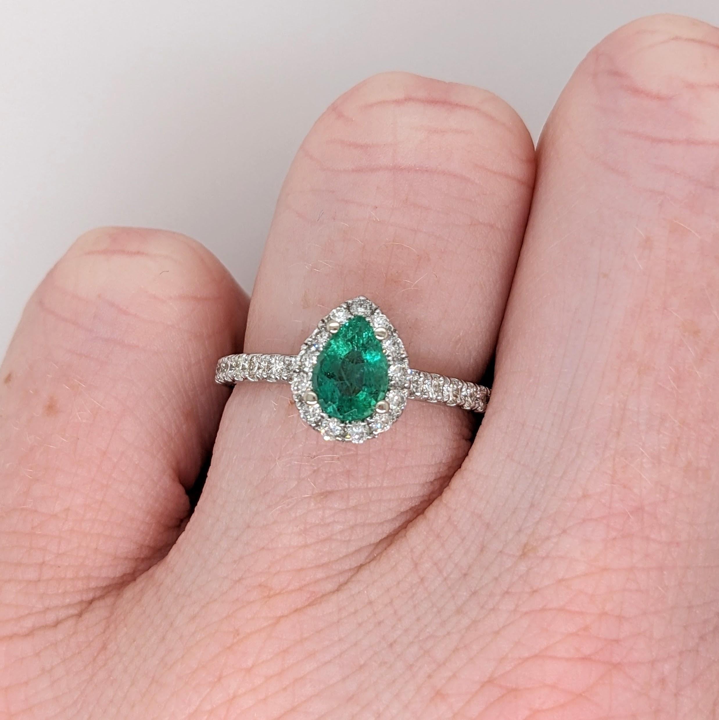 Emerald Ring w Natural Diamond Halo in 14K Solid White Gold Pear Cut 7x5mm For Sale 1