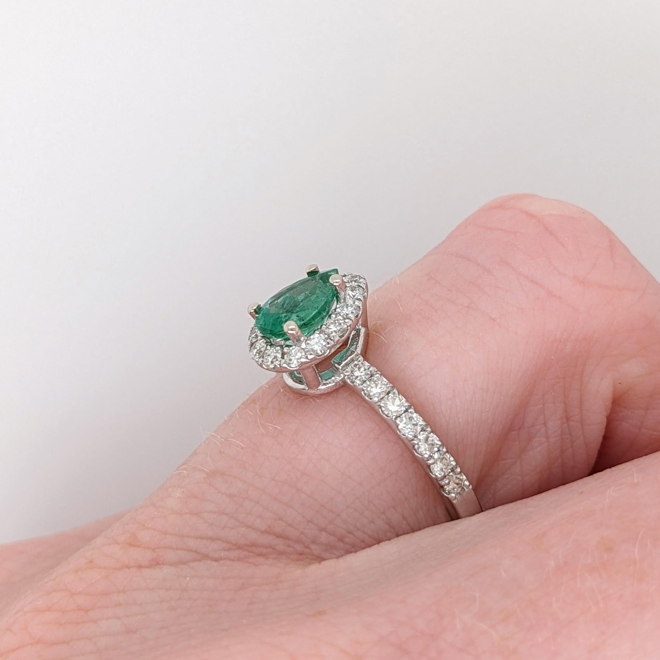 Emerald Ring w Natural Diamond Halo in 14K Solid White Gold Pear Cut 7x5mm For Sale 2