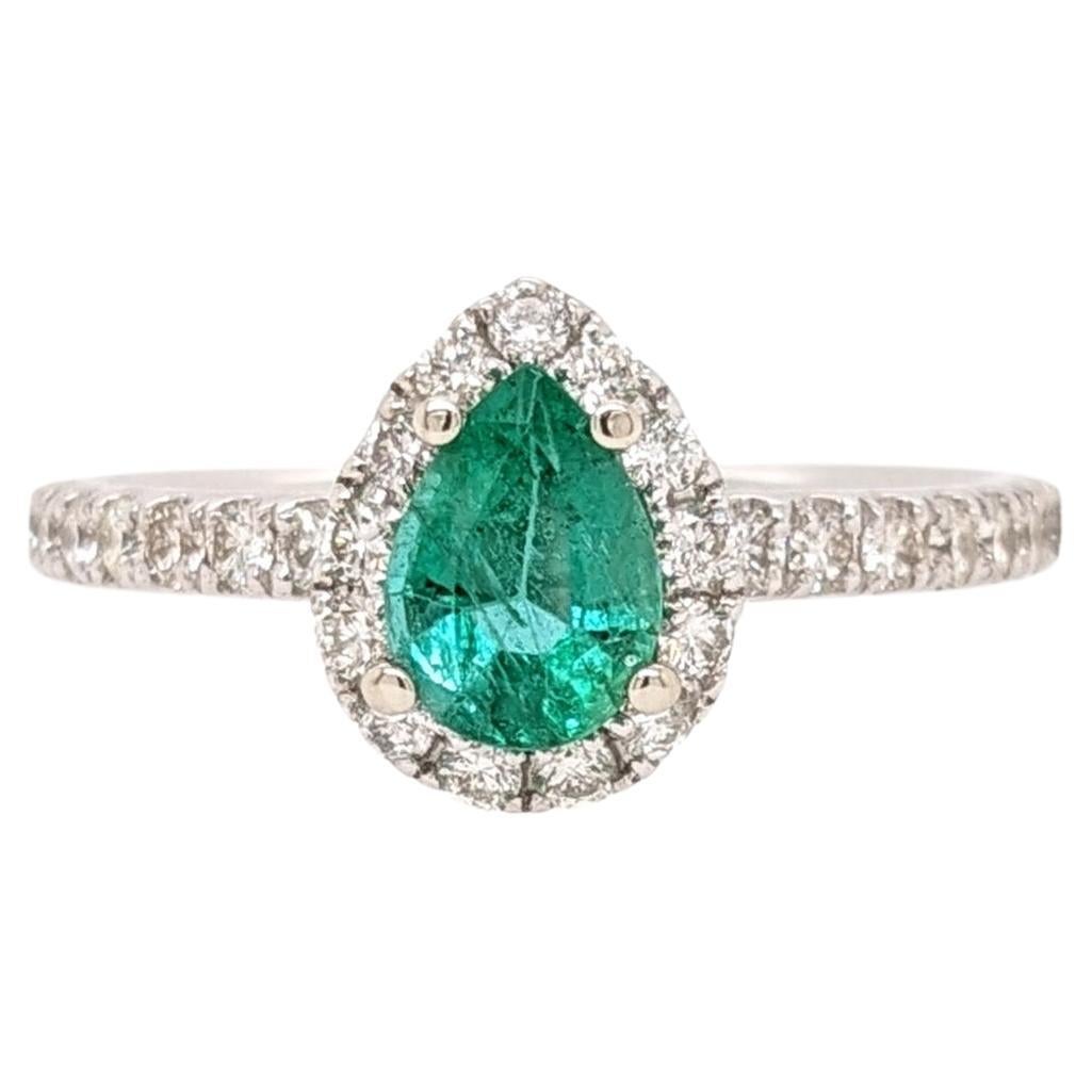 Emerald Ring w Natural Diamond Halo in 14K Solid White Gold Pear Cut 7x5mm For Sale