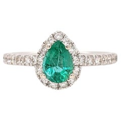 Emerald Ring w Natural Diamond Halo in 14K Solid White Gold Pear Cut 7x5mm