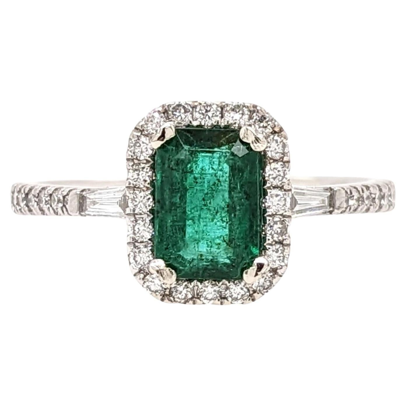 Emerald Ring w Natural Diamonds in Solid 14K White Gold Emerald cut 7x5mm