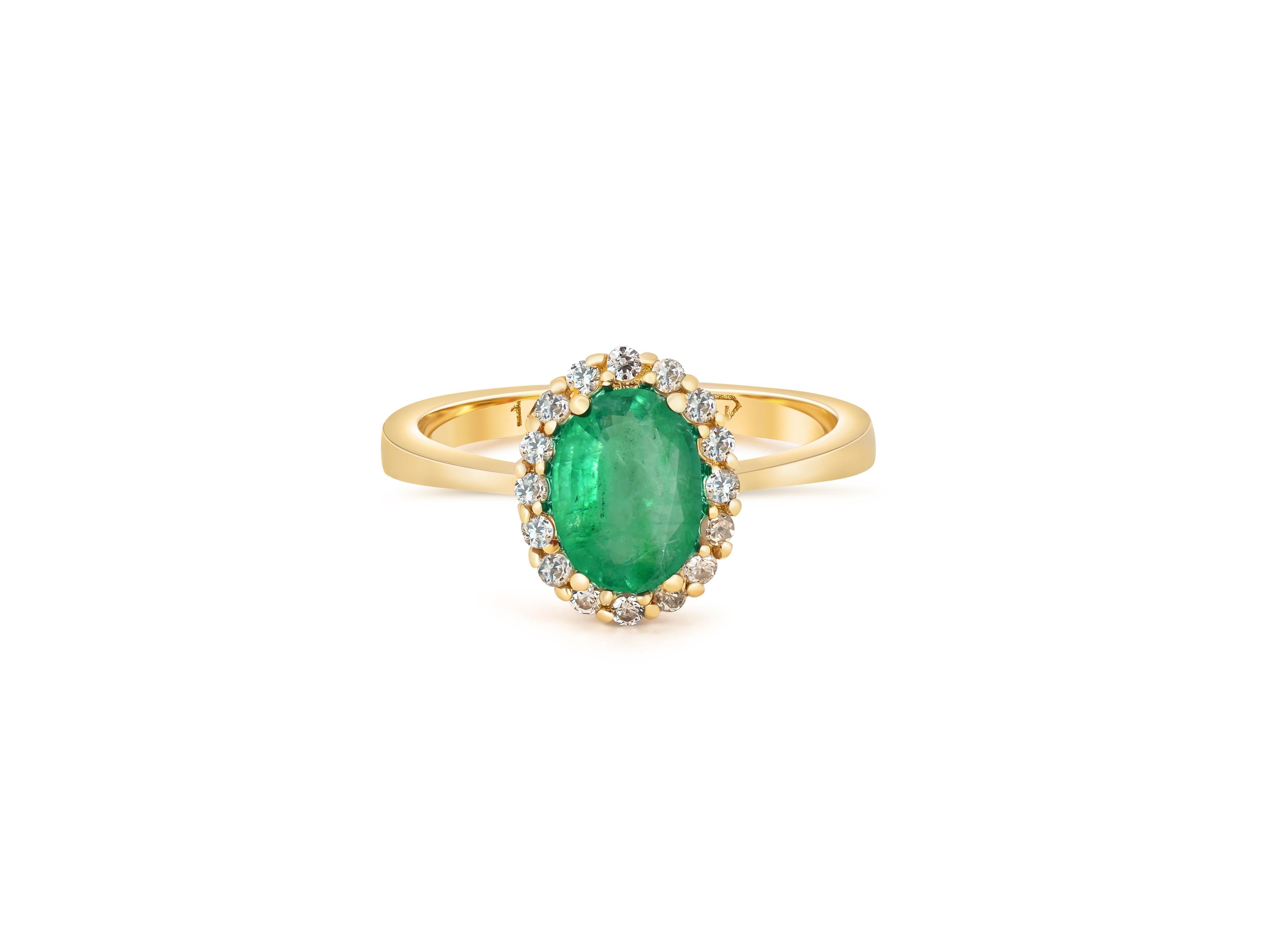 Emerald ring with diamond halo. 
Oval emerald, diamonds 14k gold. Emerald engagement ring. May birthstone ring. Classic Emerald ring. Genuine Emerald ring By Daizy Jewellery.

Metal stamp: 14k Gold
Weight: 2-2.3 gr (depends from