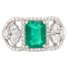 Retro Emerald Ring With Diamonds 2.82 Carats 18K White Gold