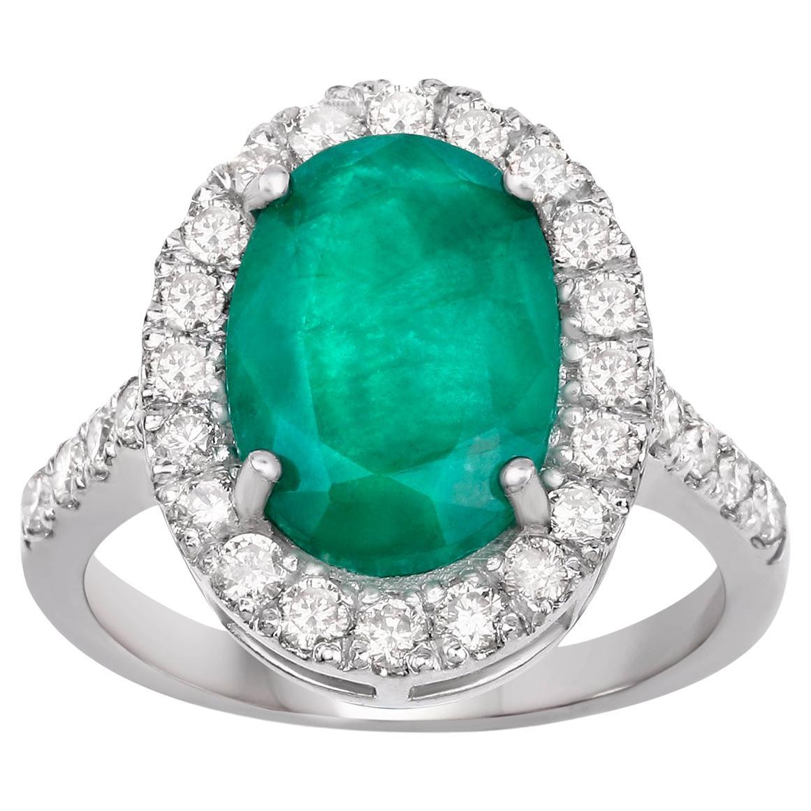 Emerald Ring With Diamonds 5.49 Carats Rhodium Plated Sterling Silver For Sale