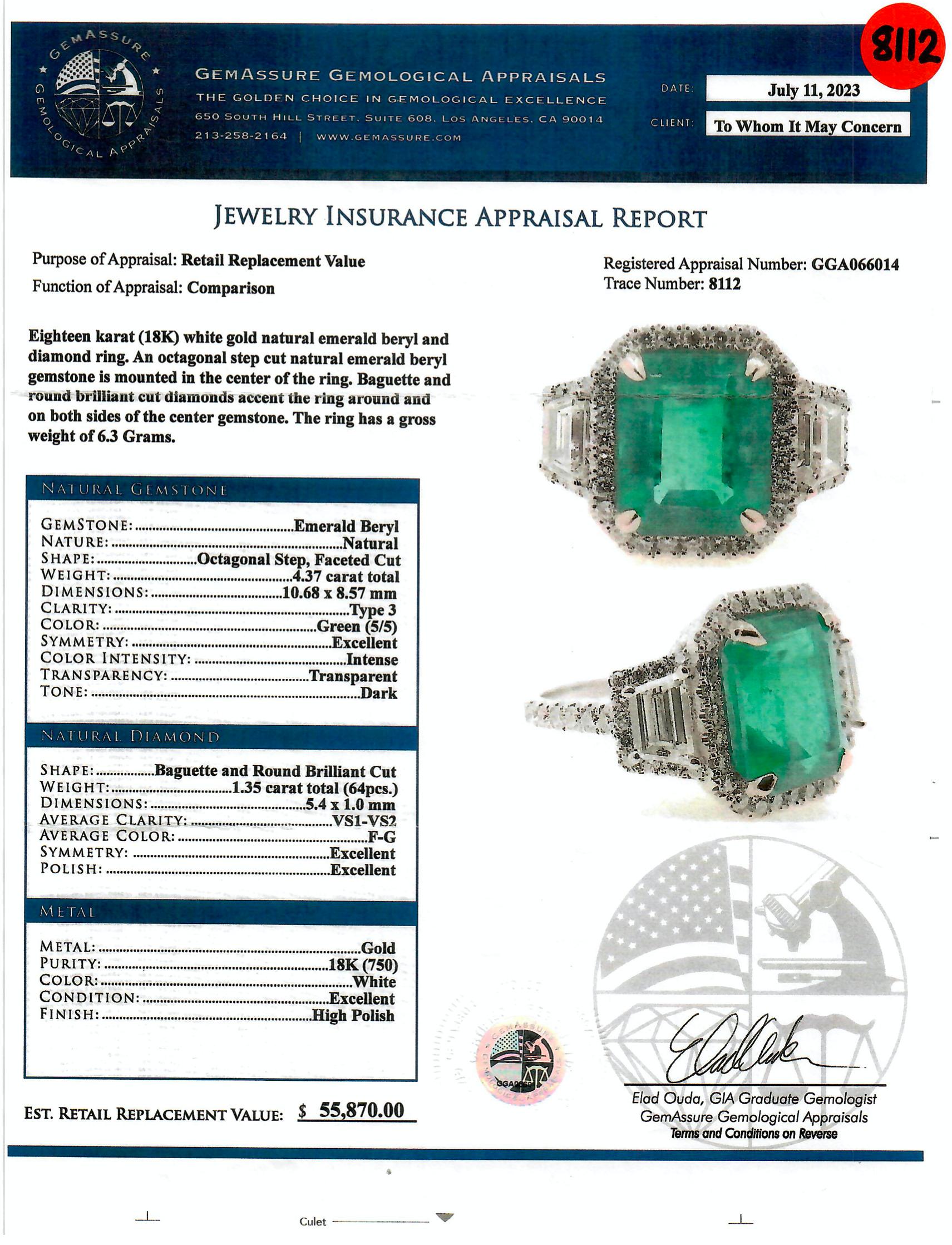 Artikel #8112

GGA (Gemassure Gemological Appraisals) zertifiziert 
18K Smaragd Ring 4,37 Karat Smaragd und 1,35 Karat Diamanten

Ring aus 18 Karat Weißgold mit natürlichem Smaragd, Beryll und Diamanten. Ein achteckiger, stufenförmig geschliffener
