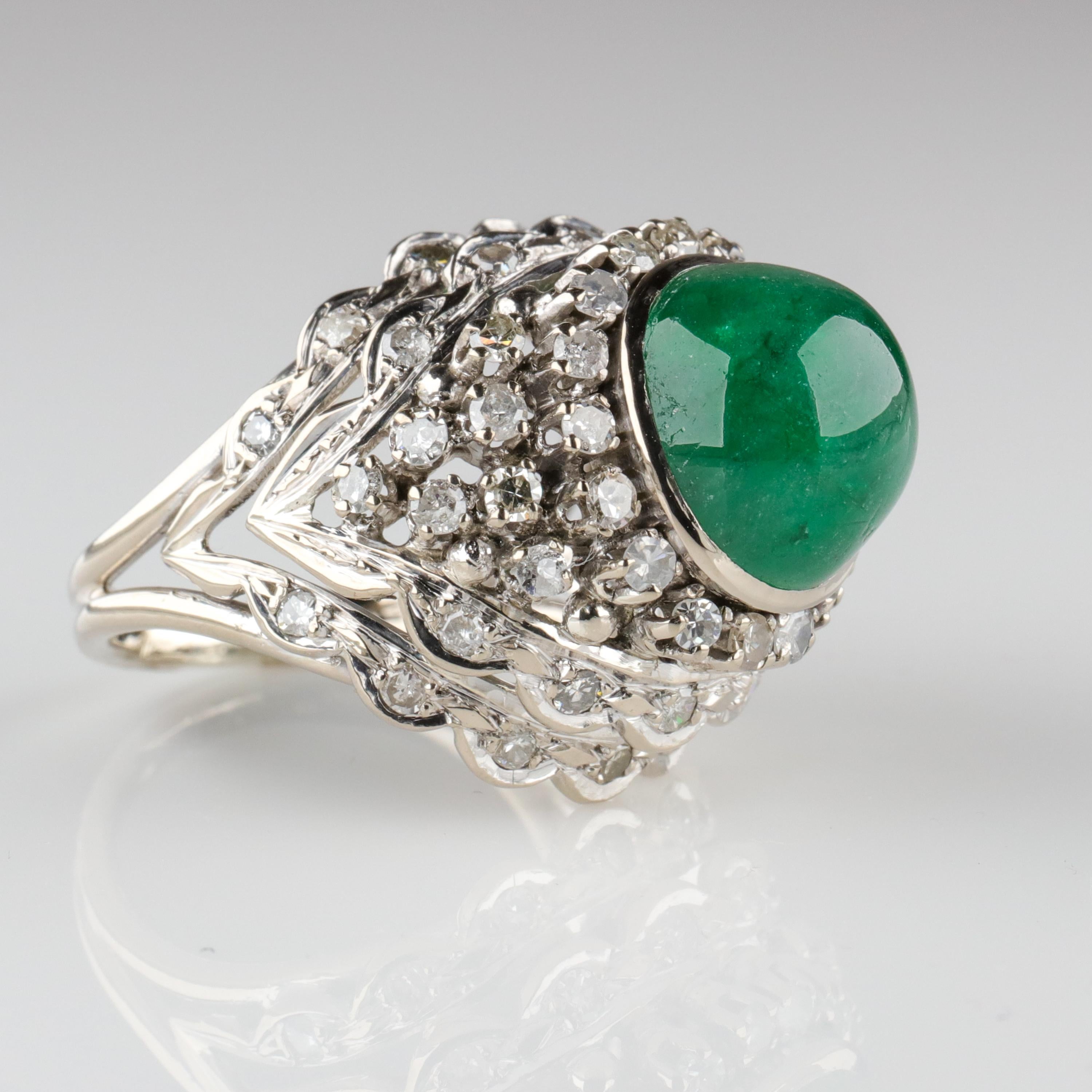 Cabochon Emerald Ring with Diamonds Retro Era