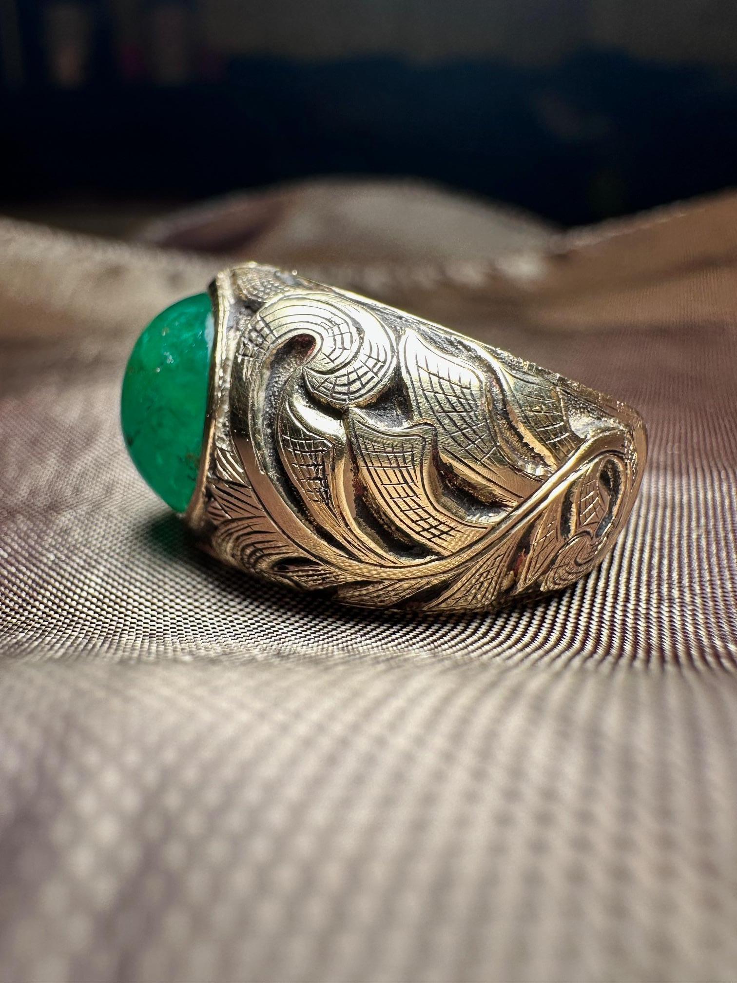 Cabochon Emerald Ring with Engravings For Sale
