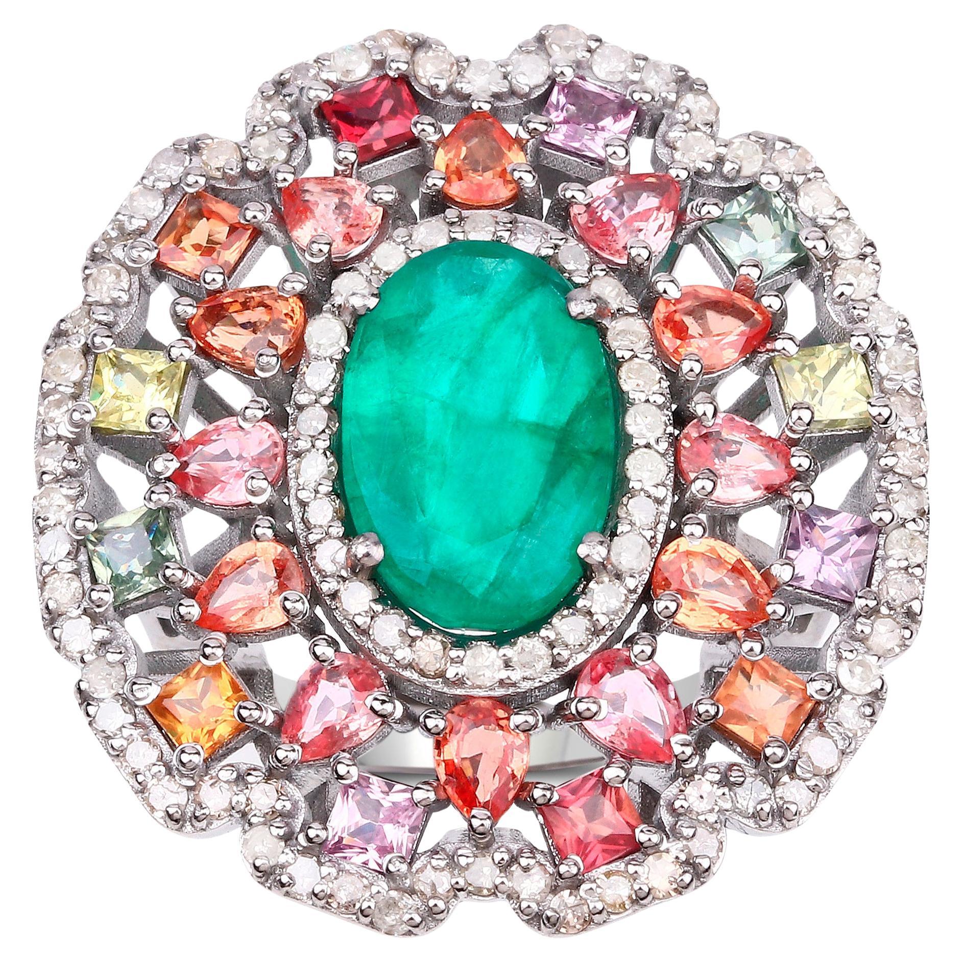 Emerald Ring With Multicolor Sapphires and Diamonds 8.35 Carats Sterling Silver For Sale