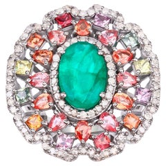 Emerald Ring With Multicolor Sapphires and Diamonds 8.35 Carats Sterling Silver