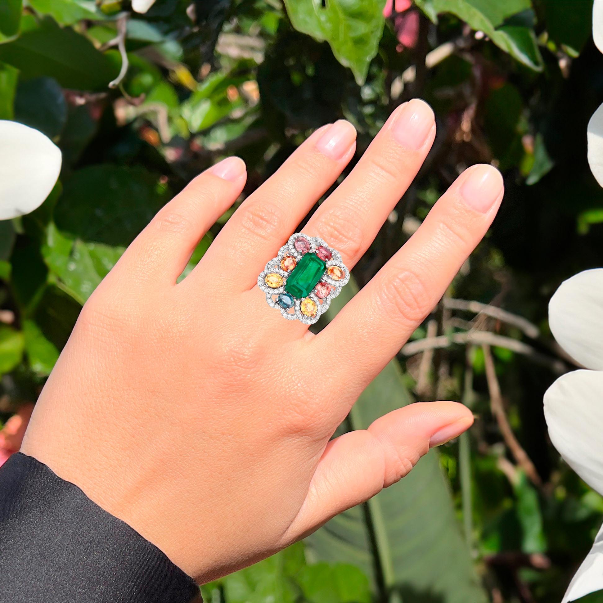 Art Deco Emerald Ring With Multicolor Sapphires and Diamonds 8.80 Carats For Sale