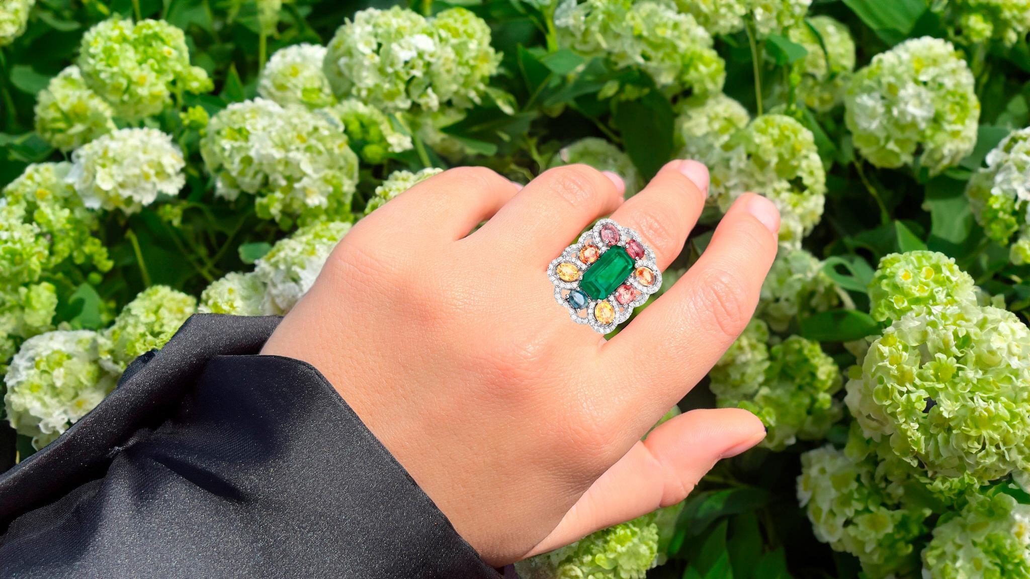 Emerald Cut Emerald Ring With Multicolor Sapphires and Diamonds 8.80 Carats For Sale