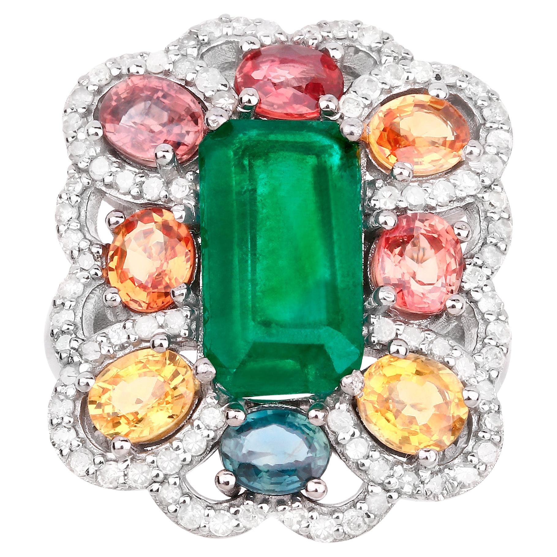 Emerald Ring With Multicolor Sapphires and Diamonds 8.80 Carats For Sale