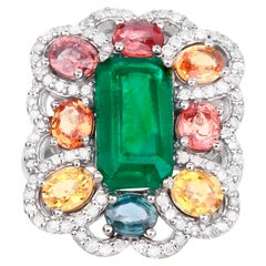 Retro Emerald Ring With Multicolor Sapphires and Diamonds 8.80 Carats