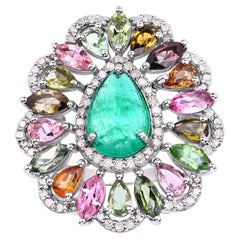 Emerald Ring With Multicolor Tourmaline 7.08 Carats Sterling Silver