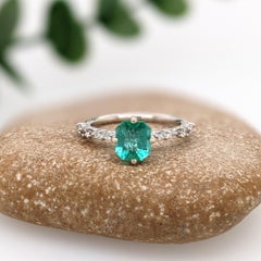 Emerald Ring with Natural Diamond Accents in Solid 14k White Gold Cushion Cut