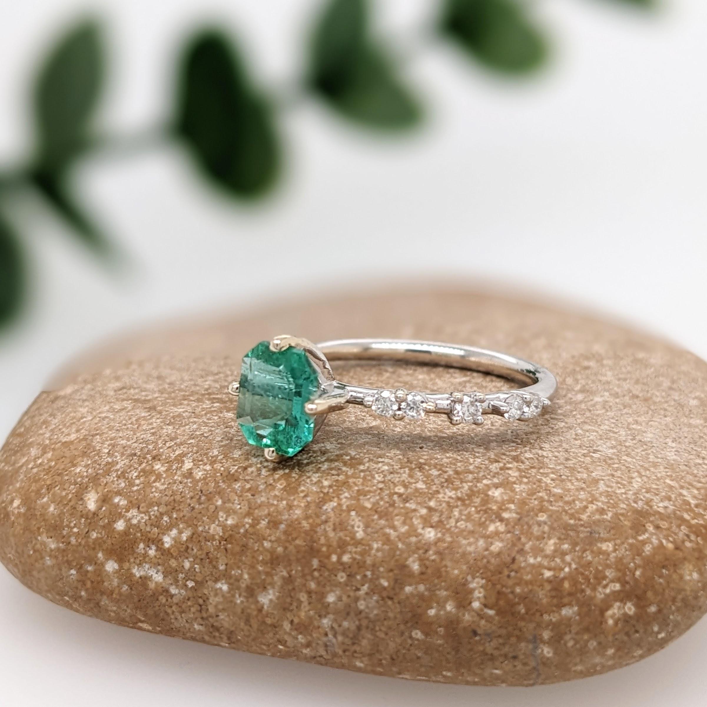 Modernist Emerald Ring with Natural Diamond Accents in Solid 14k White Gold Cushion Cut For Sale
