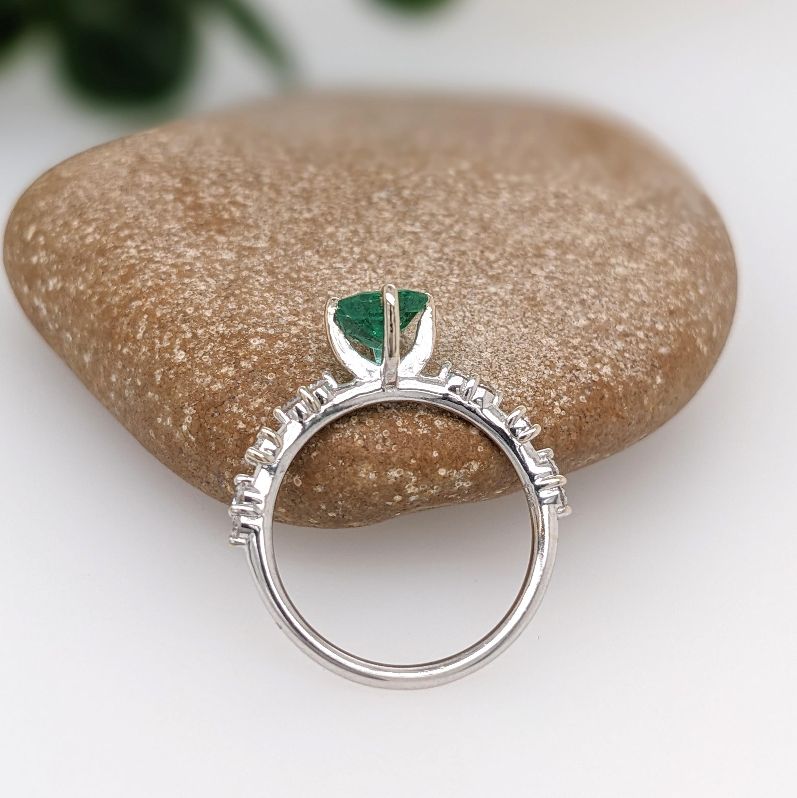 Emerald Ring with Natural Diamond Accents in Solid 14k White Gold Cushion Cut For Sale 1