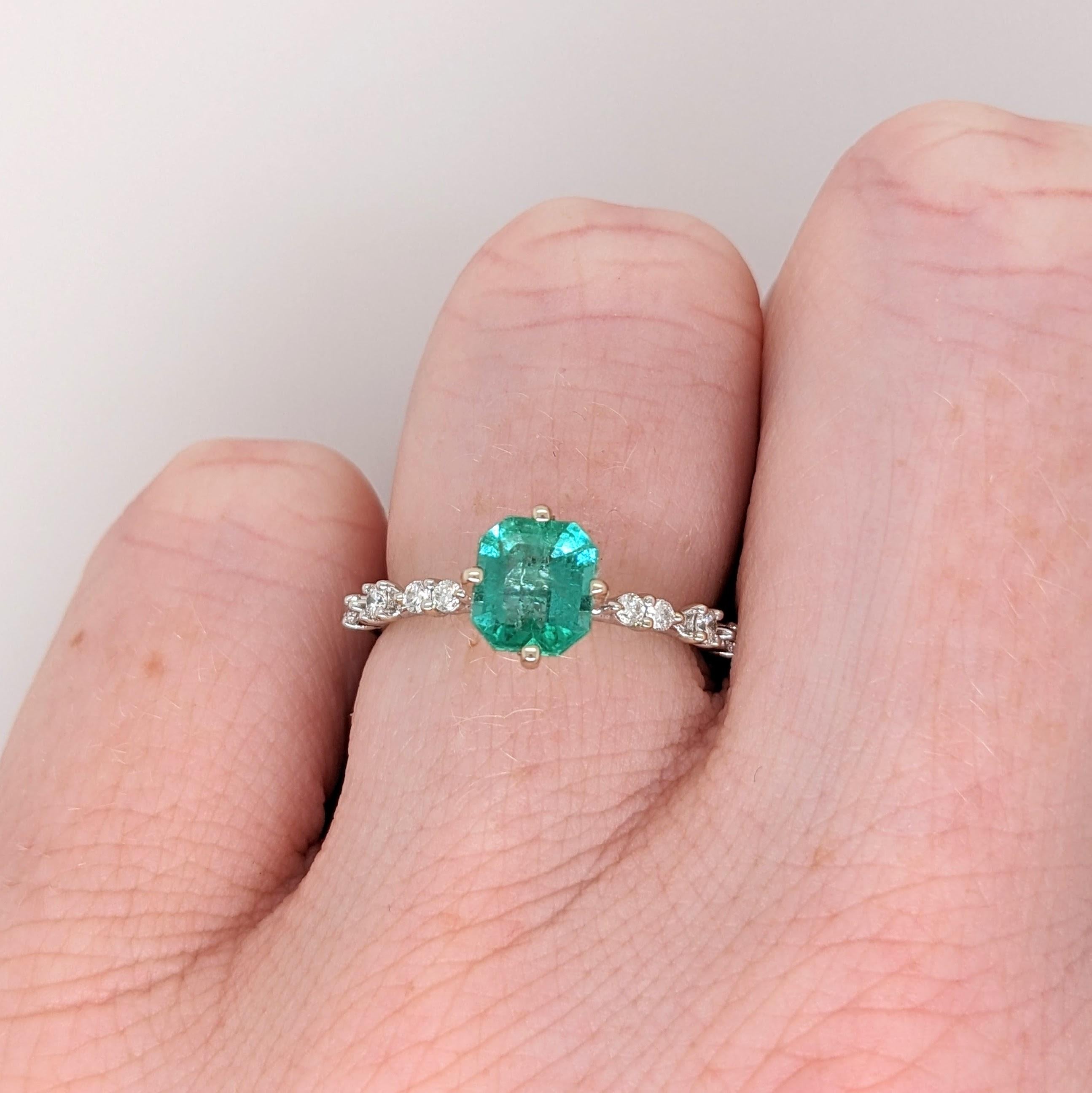 Emerald Ring with Natural Diamond Accents in Solid 14k White Gold Cushion Cut For Sale 2