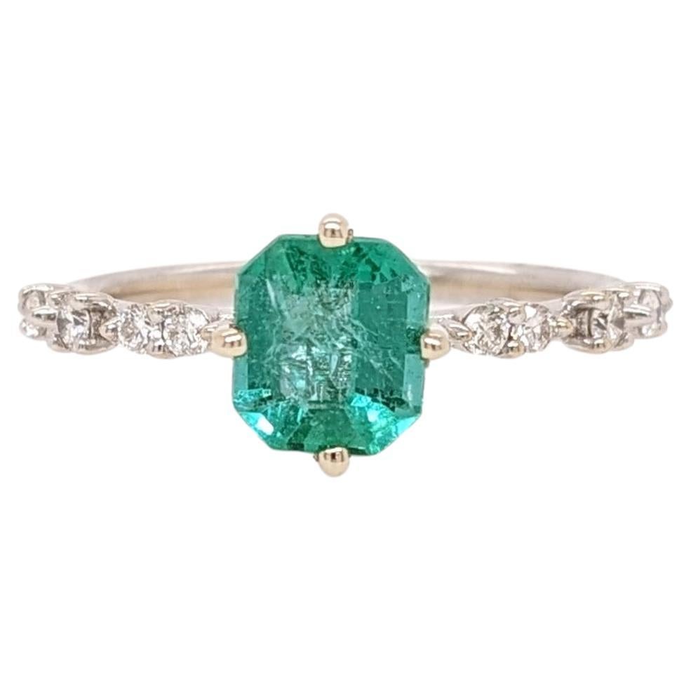 Emerald Ring with Natural Diamond Accents in Solid 14k White Gold Cushion Cut For Sale