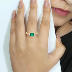 Emerald Ring with Pave Diamonds Made in 18k Yellow Gold
