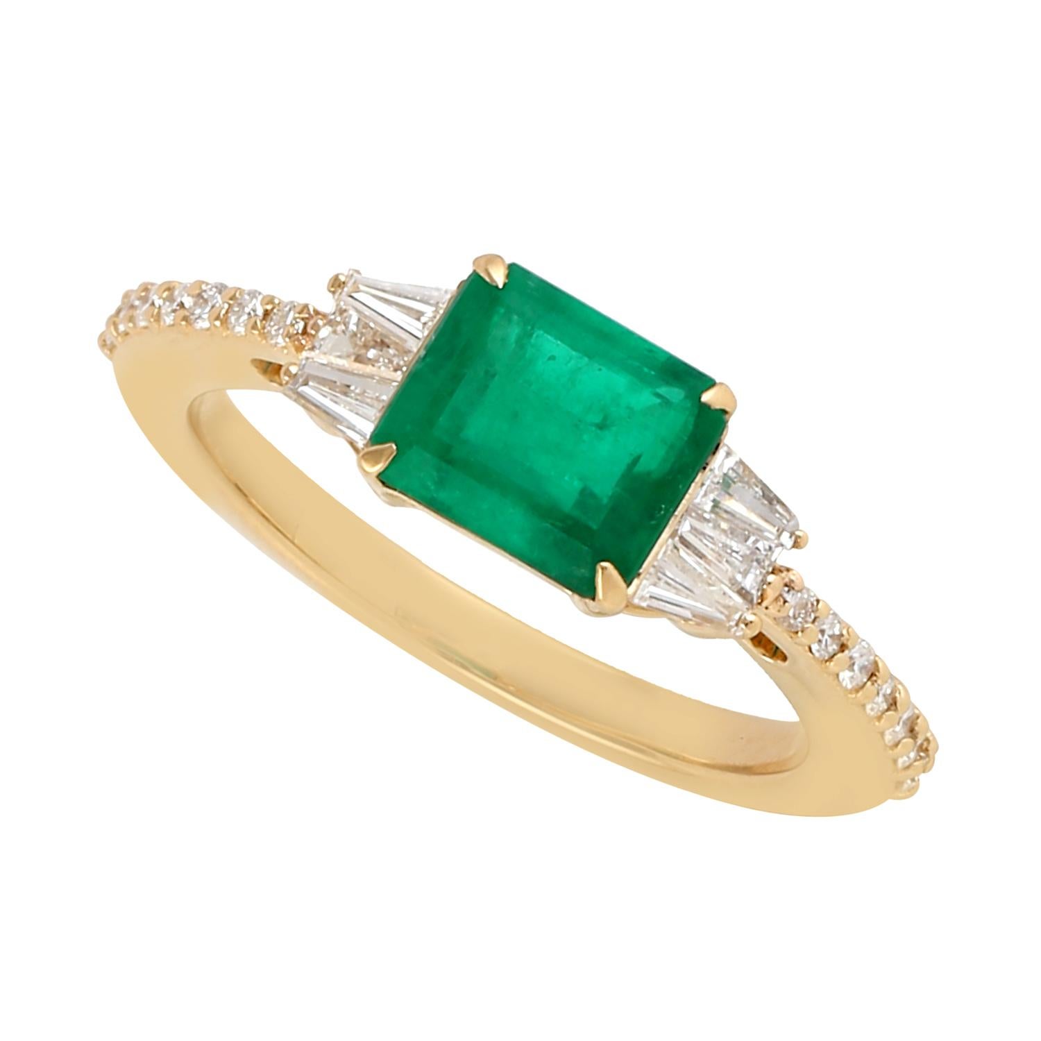 Mixed Cut Emerald Ring with Pave Diamonds Made in 18k Yellow Gold For Sale