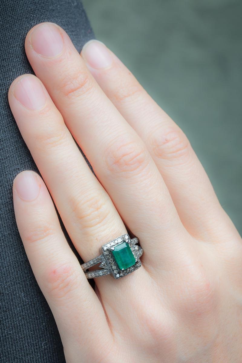 Emerald Cut Emerald Ring with Pave, Set Diamonds