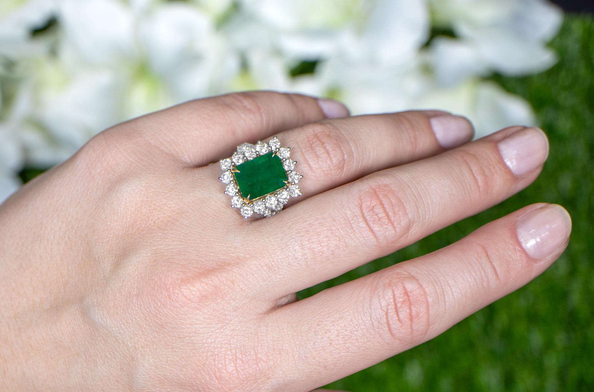 Emerald Cut Emerald Ring With Round Diamond Halo 6.39 Carats 18K Gold For Sale